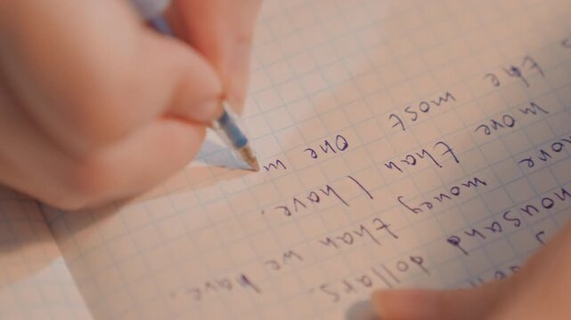 Young woman writes on graph paper with blue pen forming words related. Her hand moves steadily across notebook page filled. Close up view focuses solely on her writing activity