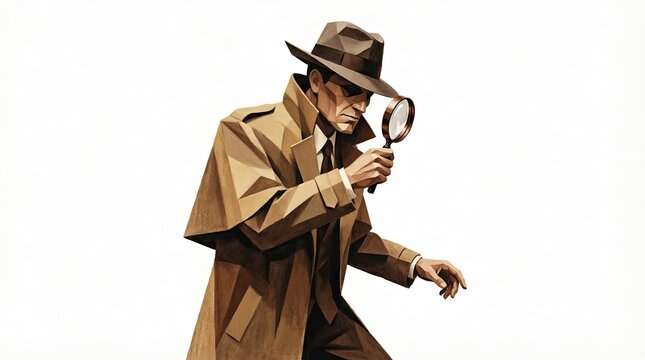 Detective in trench coat examining with magnifying glass
