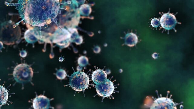 A microscopic world of viral cells in a dark space. Three-dimensional spherical microorganisms float against a deep greenish-blue background, creating a sense of infection, pandemic, and invisible