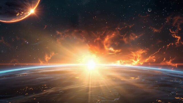 Dramatic Sunrise Over Alien World and Distant Planets