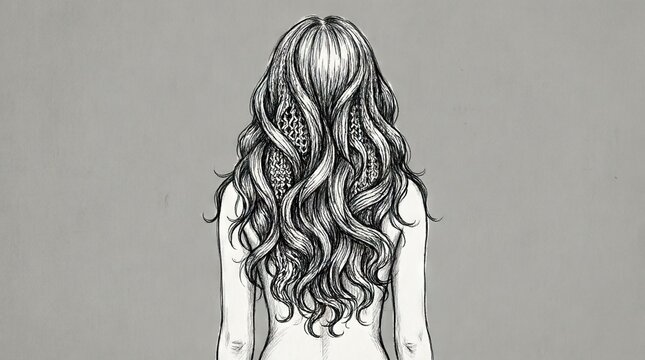 Back view of long wavy hair in detailed line drawing