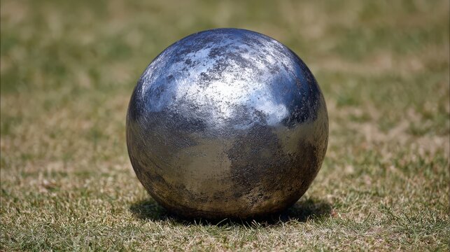Reflective Metallic Sports Ball on Grass with Sky Reflections and Wear