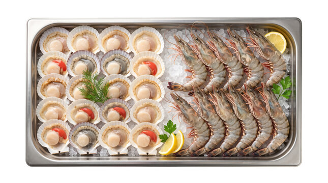 Fresh raw scallops and tiger prawns on ice, premium seafood platter in metal tray, gourmet shellfish assortment for restaurant