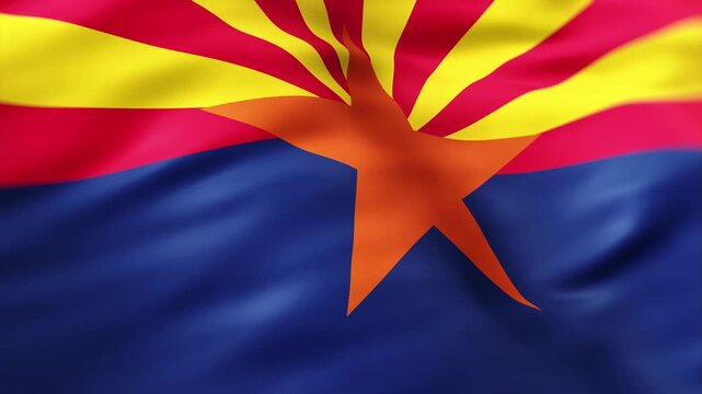Realistic arizona state flag waving in the wind with detailed fabric folds and central copper star