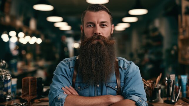 Confident man with a long, perfectly groomed beard standing in a modern barbershop, surrounded by professional grooming tools, celebrating International Beard Day.