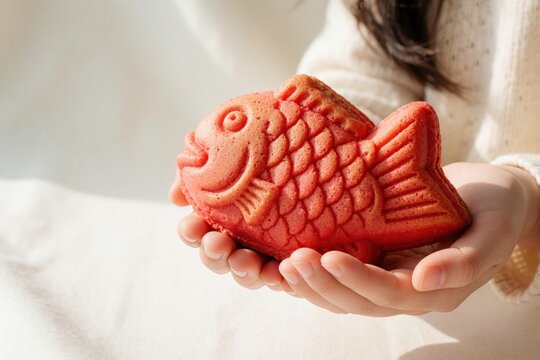 Hands hold red fish shaped sweet bread dessert. Traditional Korean snack pastry filled with sweet bean paste. Delicious treat for kids and adults.