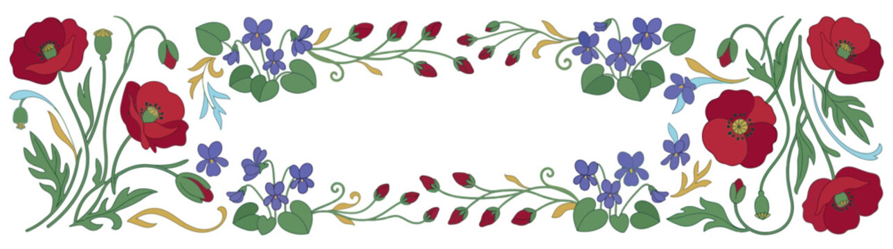 Art Nouveau Floral Border with Poppies and Violets, Transparent Background