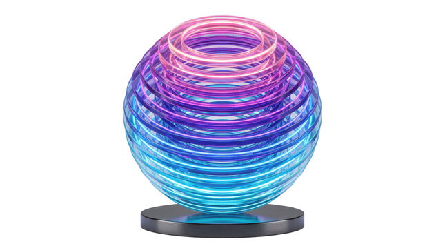 Abstract glass sphere with colorful rings, futuristic glowing orb on black pedestal, vibrant 3D geometric sculpture for tech design