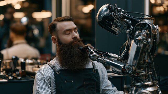Adult man with a long thick beard having it styled by a humanoid robot in a premium futuristic barbershop, blending traditional grooming with advanced technology for International Beard Day.