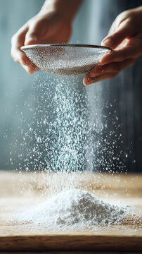 Hands sifting powdered sugar through a fine mesh sieve over a mound on wooden countertop