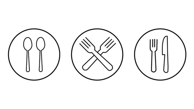 Animated Restaurant Cutlery Line Icons Motion Graphic Spoon Fork Knife Set for Food Dining Menu UI UX Web Design on White Background
