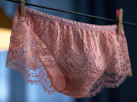 Delicate pink lace underwear hanging from a clothesline with wooden clips and softly blurred light in the background Theme of intimate apparel