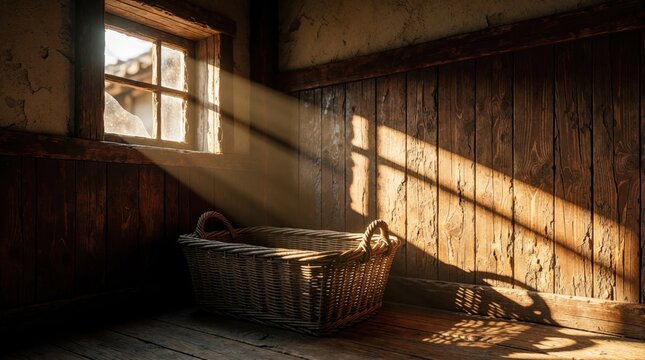Sunlight streams through a rustic window onto a weathered wicker basket in a room with worn wood paneling. Natural light and textures create a serene, imperfectly beautiful scene.