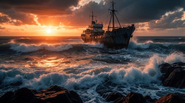Old ship battles stormy ocean waves near rocky shore during dramatic sunset. Overcast sky with orange clouds over vast sea. Marine vessel faces peril.