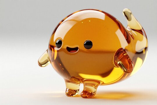 Cute shiny honey character smiling. This sweet liquid creature has tiny legs and arms. It looks happy and playful with its glossy golden body, perfect for food brands.