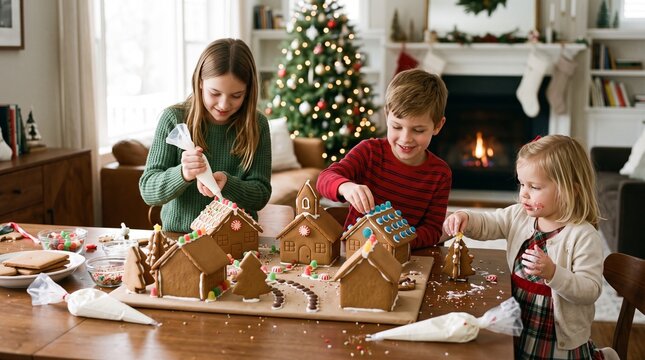 Three happy children decorating gingerbread houses and trees for Christmas holiday fun indoors