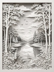 Fototapeta premium Intricate paper cut art of forest lake landscape with butterflies 