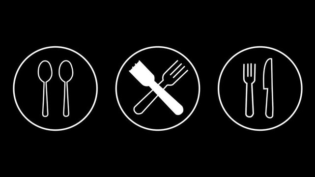 Animated Restaurant Cutlery Line Icons Motion Graphic Spoon Fork Knife Set on Dark Black Background for Food App UI UX Dark Mode Design