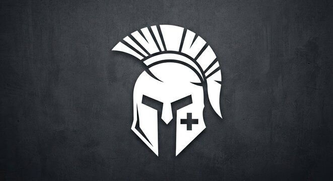 Minimalist spartan helmet logo with cross on dark textured background
