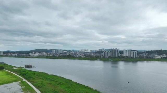 Aerial Drone View of Han River Waterfront and Cityscape in Yeoju, Gyeonggi-do, South Korea