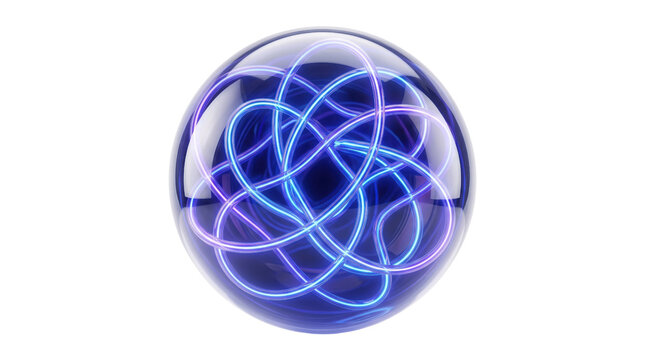 Futuristic glowing plasma sphere, blue neon energy ball with tangled light filaments, glass orb with electric core on white background