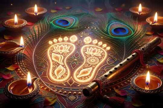 Divine golden footprints of Lord Krishna glow on floor with sacred symbols. Peacock feather, flute, diya lamps surround holy marks. Spiritual Hindu ritual art with mandala pattern, lotus motifs,