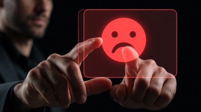 Man points at sad emoji on screen. Selects unhappy face from digital interface. Bad service, low rating, poor experience on touch monitor. Person interacts with customer feedback system.