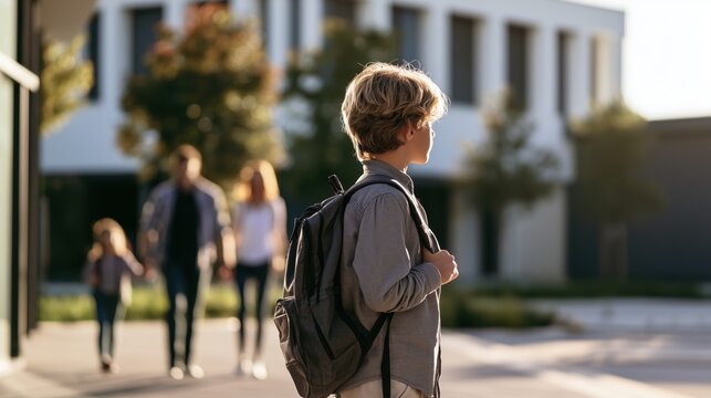 School-age child arrives at a modern international school on the first day of the new school year. Parents walk behind, creating an authentic family and education lifestyle scene.