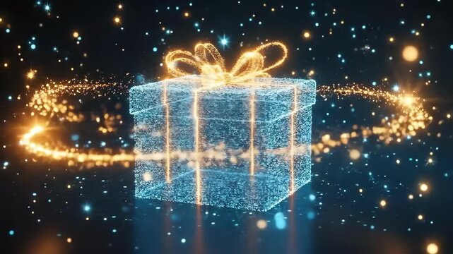 Glowing gift box with sparkling stars and golden ribbon on dark background