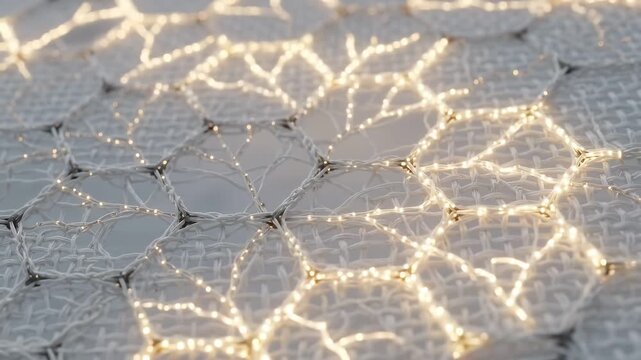 Close-up view of delicate white lace illuminated by warm, golden sunlight, showcasing intricate patterns and shimmering textures