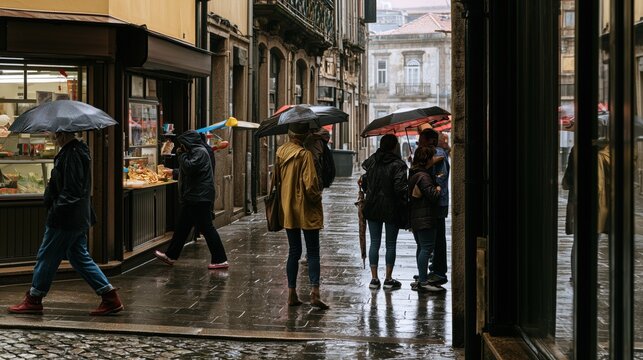 Candid urban scene of local people in daily routines on a rainy day, with umbrellas, shops, cafes and public transport. Wet cobblestones, historic buildings, natural light and copy space.