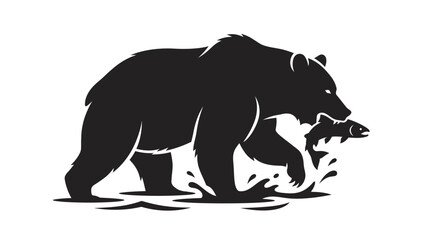 Fototapeta premium Black silhouette of a grizzly bear hunting and catching a fish in the water