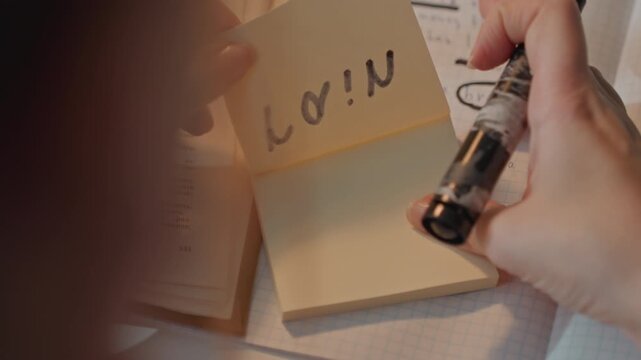 Close up of hands writing on sticky notes. Sticky notes are placed over graph paper notebooks revealing. Open textbooks display annotated content including circled words such