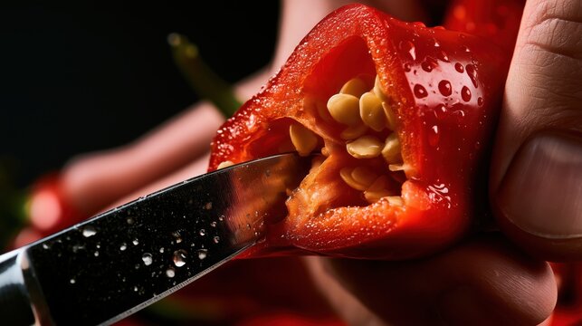 Extreme macro of a fresh red chili pepper being sliced with a sharp knife, revealing glossy skin, membranes, seeds and juice droplets. Realistic food photography of heat and flavor.