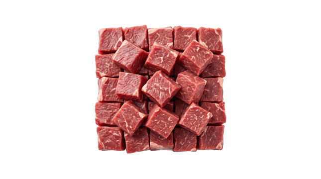 Raw beef cubes isolated on white background, fresh diced red meat chunks for cooking, top view of square cut steak pieces