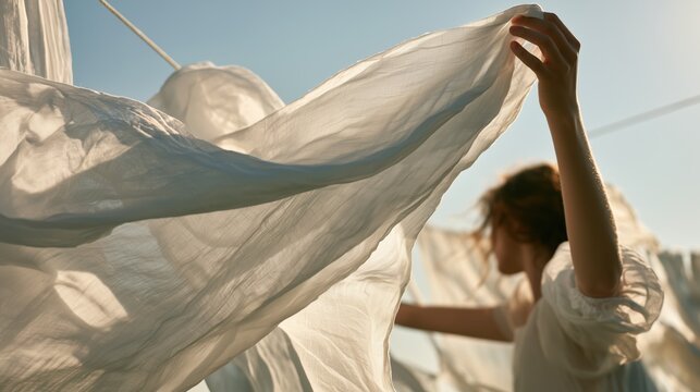Lifestyle photoshoot of freshly washed white linen sheets hanging outdoors in warm morning sunlight. Soft fabric, clean fresh air, natural background and generous copy space for text.