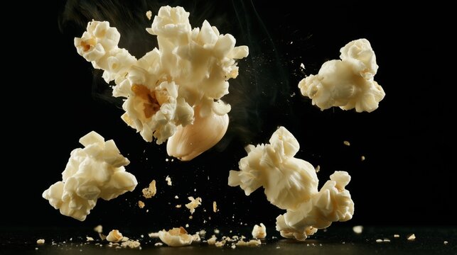 Extreme macro of freshly popped popcorn exploding from a kernel in mid-air, with crumbs, warm steam and detailed fluffy texture. Cinematic food photography conveying crunch, warmth and aroma.