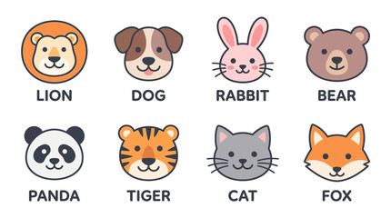 Obraz premium Set of cute animal head icons including lion dog rabbit bear panda tiger cat and fox faces for children design