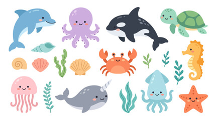 Cute cartoon sea animals set with dolphin octopus whale turtle crab and starfish isolated on a transparent background © MstSumonaAkter