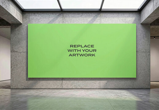 Large vertical poster mockup displayed on a concrete wall in modern gallery space with natural light from skylight, realistic artwork presentation for graphic design, branding, advertising