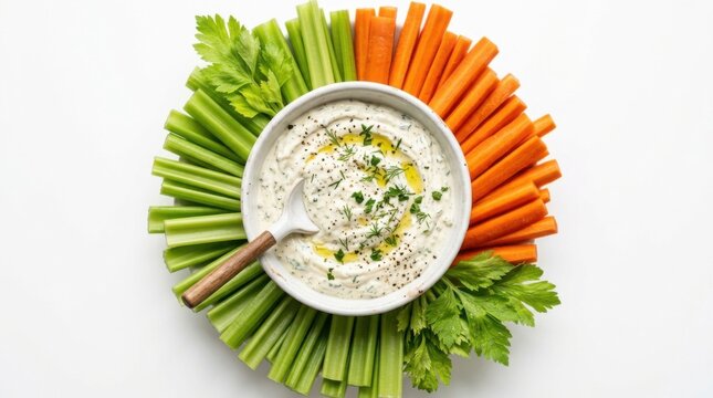 Top View Healthy Vegetable Crudites Platter with Herb Yogurt Dip Bowl