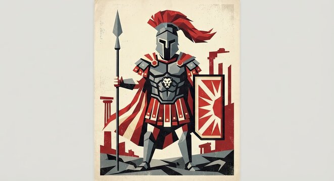 Spartan warrior illustration with spear and shield against ancient ruins
