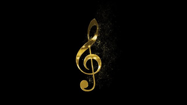 Golden banner with musical clef and golden particles with stars, transparent background, music grammar