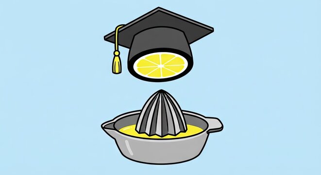 Conceptual illustration of lemon wearing graduation cap being juiced
