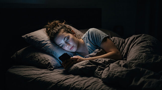 Woman lying in bed using smartphone at night under the covers during sleepless night	