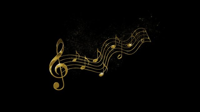 Golden banner with musical clef and golden particles with stars, transparent background, notes