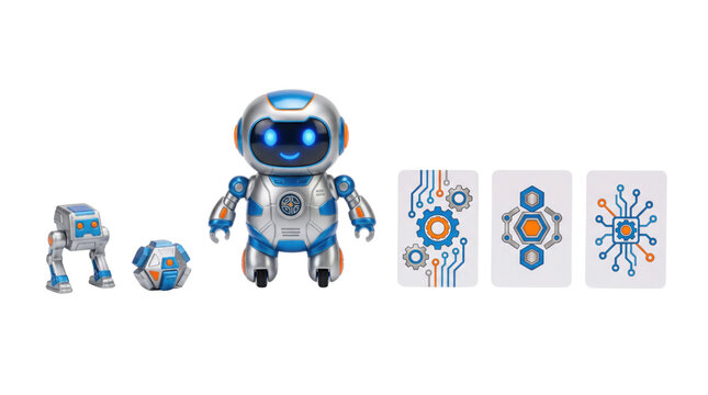 Educational smart robot toy set, futuristic blue and silver programmable robot with coding cards, STEM learning kit for kids