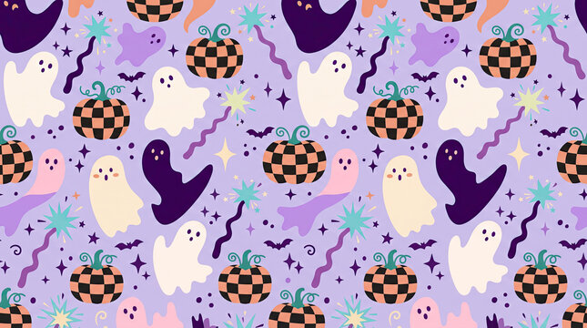 Cute halloween seamless pattern with ghosts pumpkins bats stars with vector