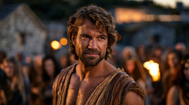 Samson among Philistine wedding guests during the feast at Timnah showing cunning and defiance.