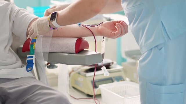 Nurse removing needle after blood donation in clinic